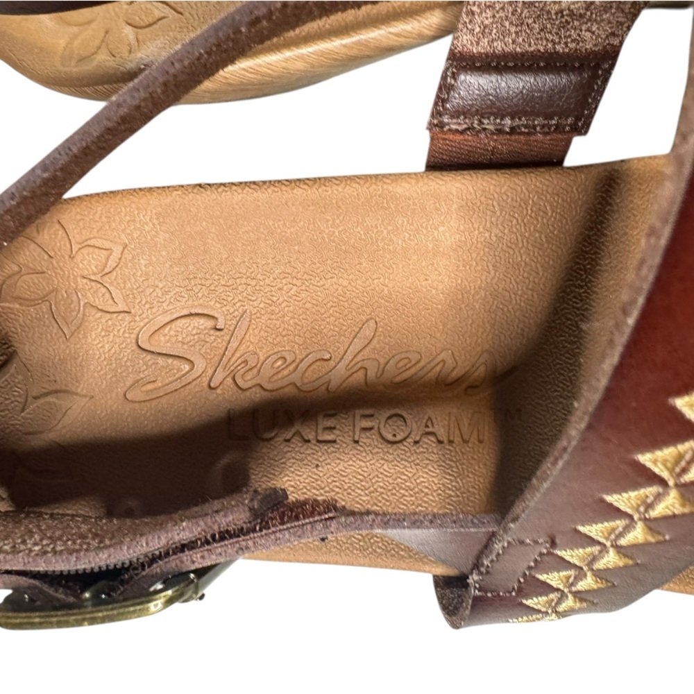 Skechers Brown Leather Wedge Sandals 10 Coastal Resort Preppy Y2K Soft Girl - Picture 7 of 8